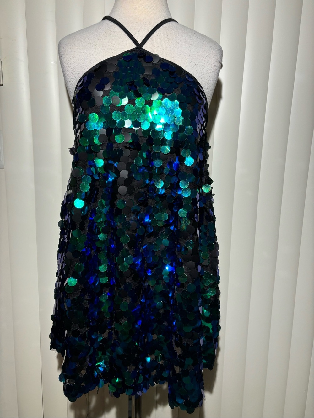 Iridescent Sequin Halter Mini Dress - Green & Blue